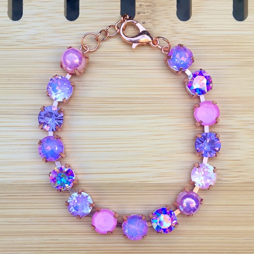 Pink Rose+Purple Amethyst Opal Aurora Borealis Rose Gold Crystal Tennis Bracelet - Picture 1 of 10